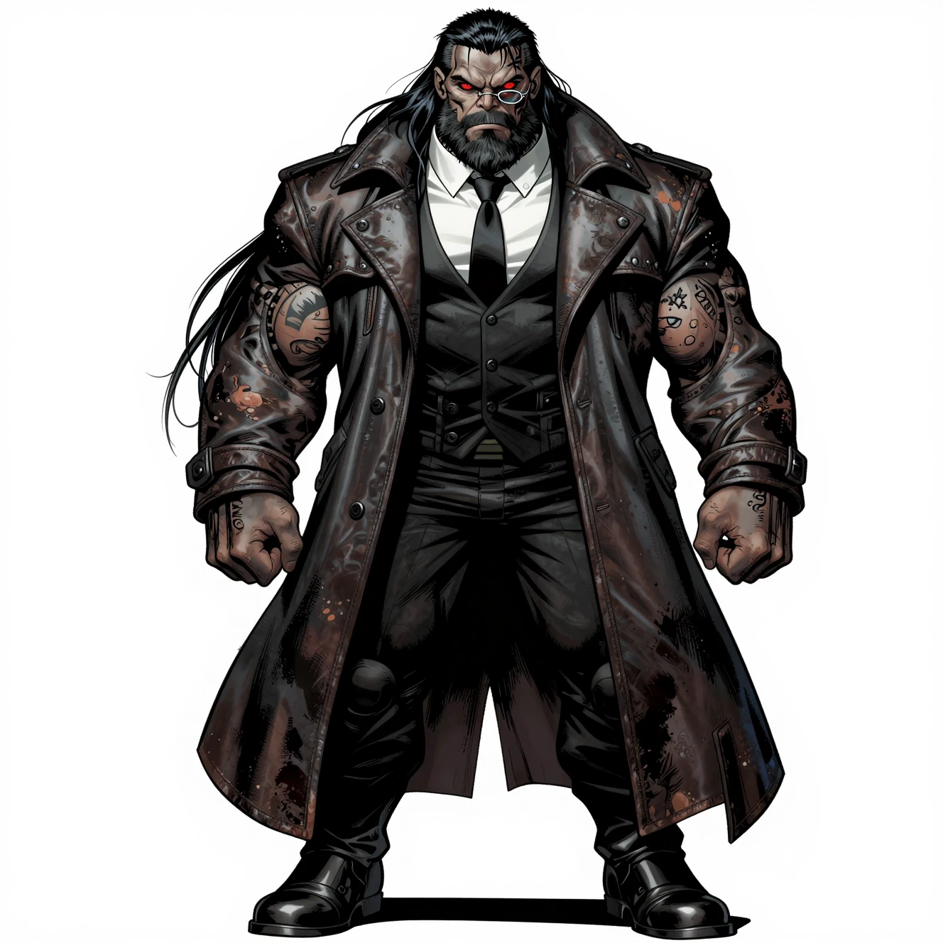 Intense alien gangster in suit and leather trench coat