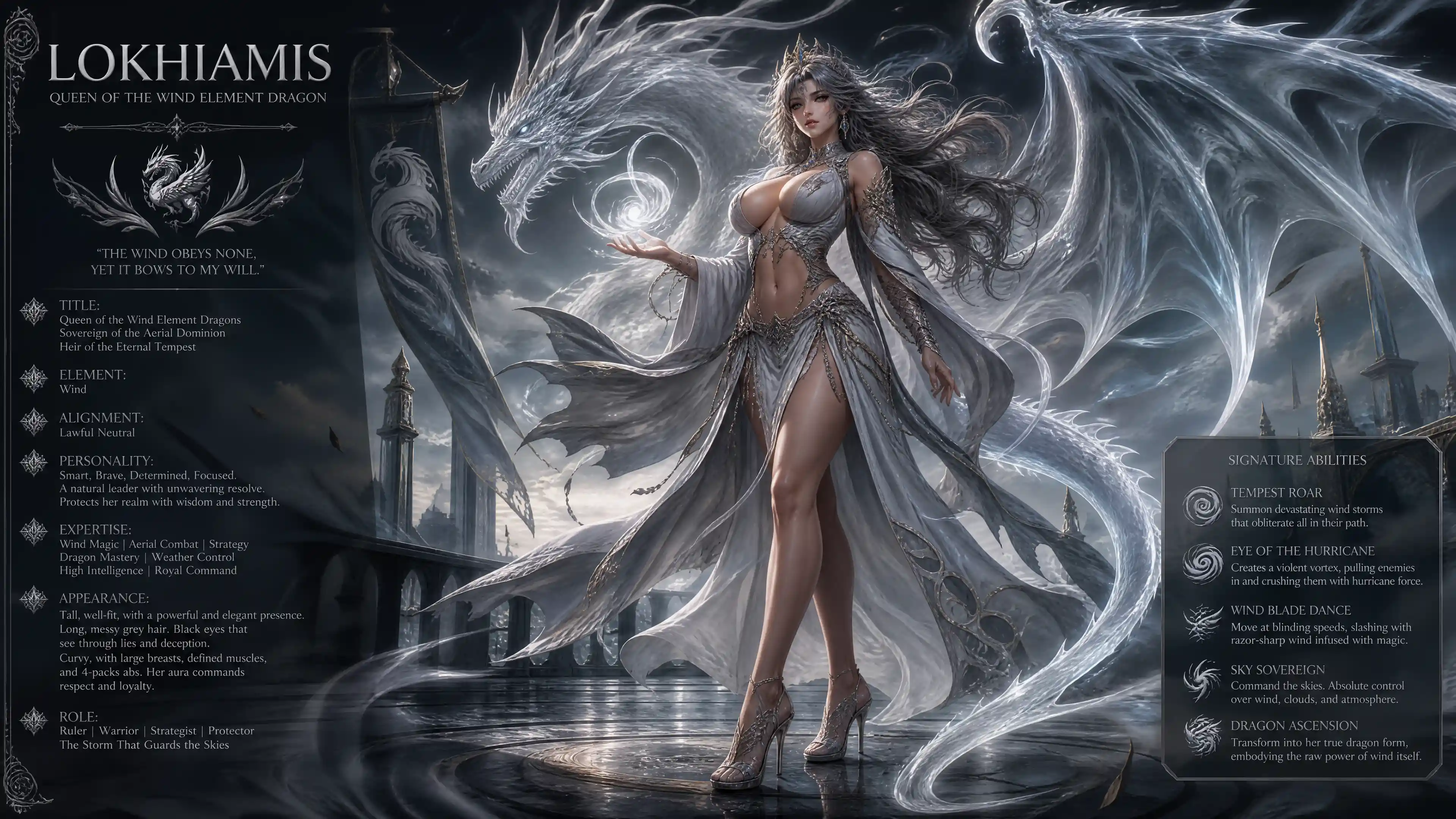 Wind dragon queen woman with wings and regal attire