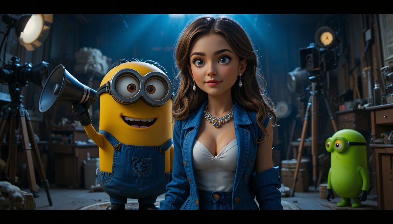 Cinematisches Close-up von Minions auf einem dunklen Filmset