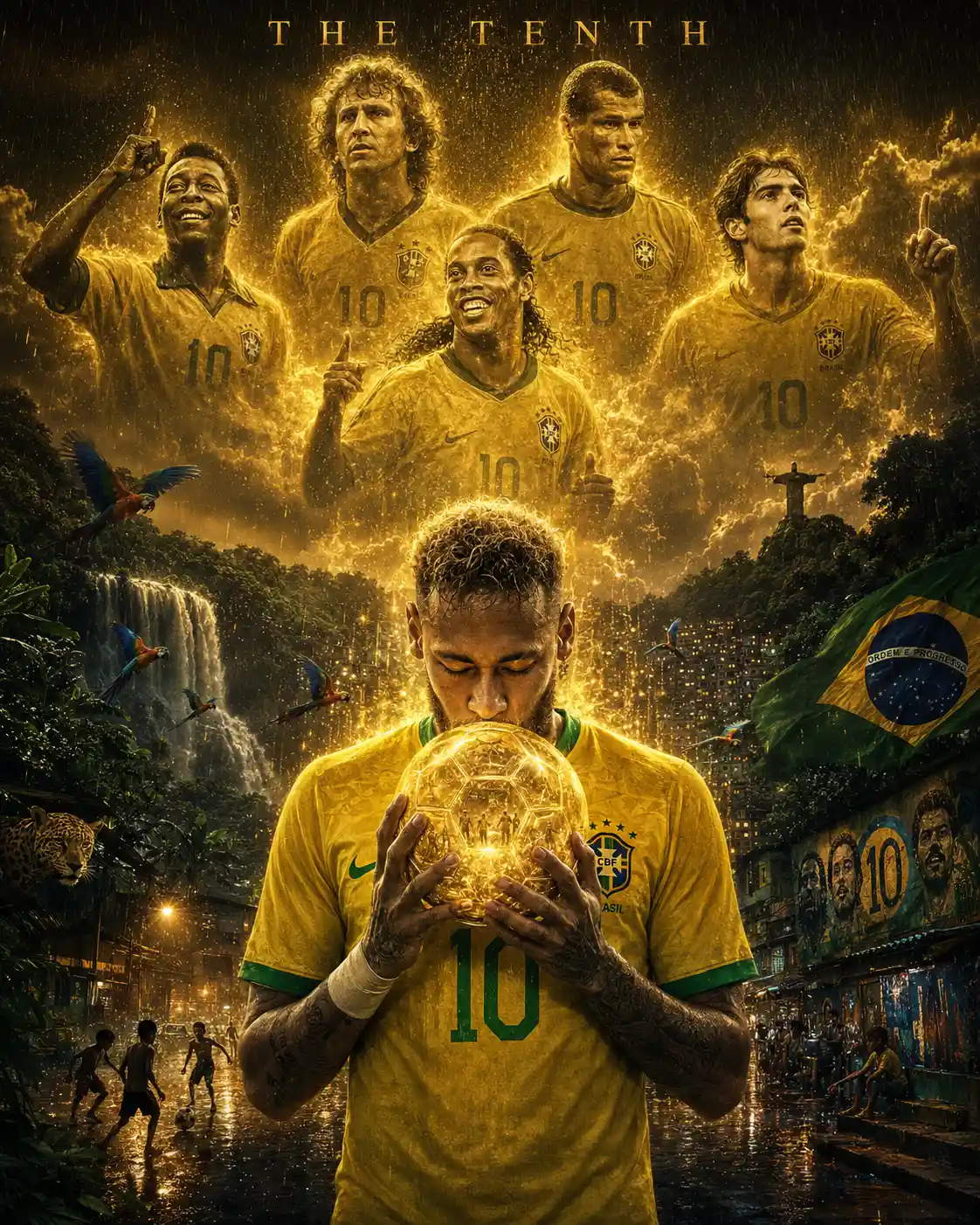 Soccer legend kissing glowing ball in rainy stadium night
