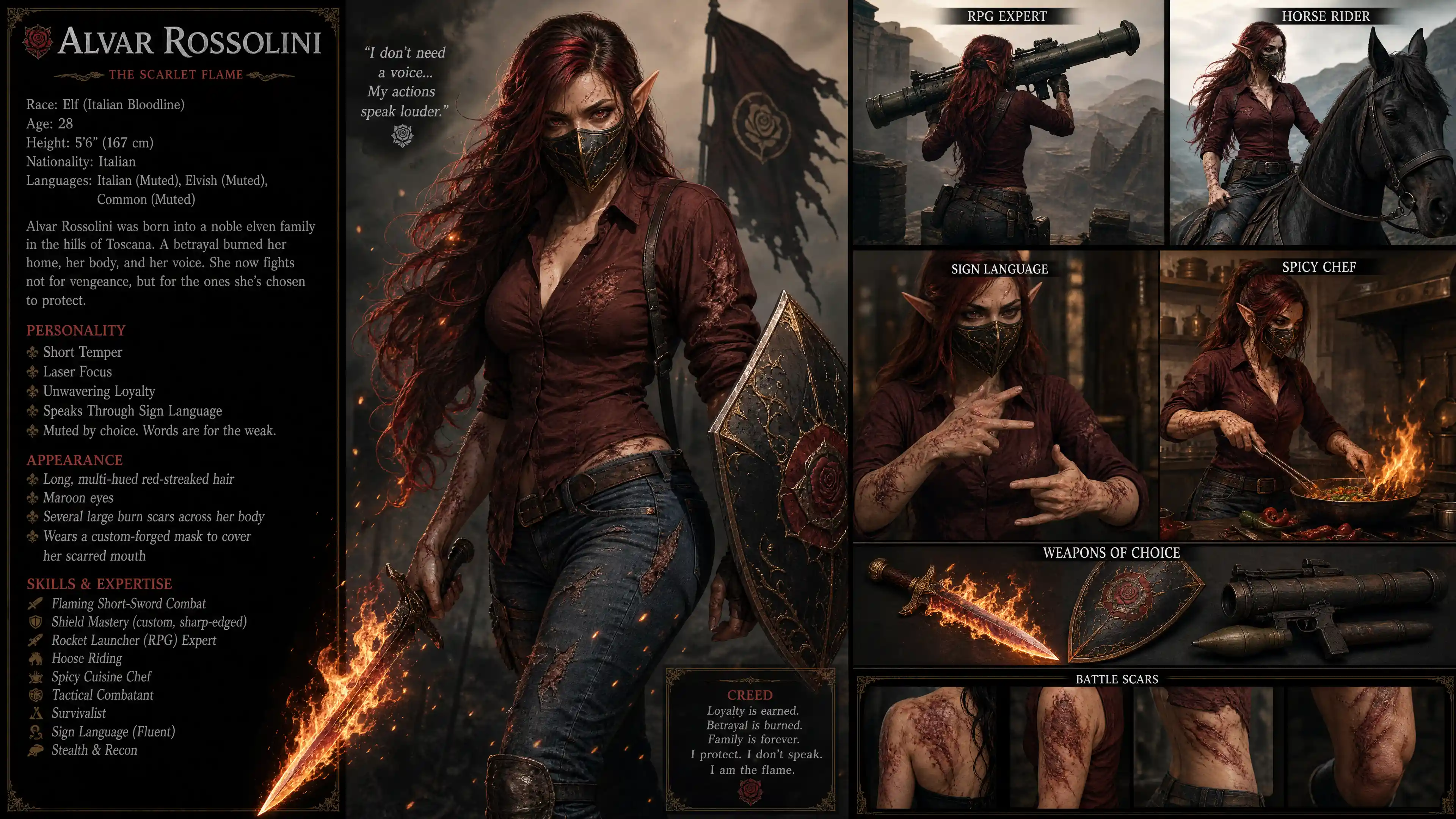 Scarred Italian elf warrior woman with red streaked hair