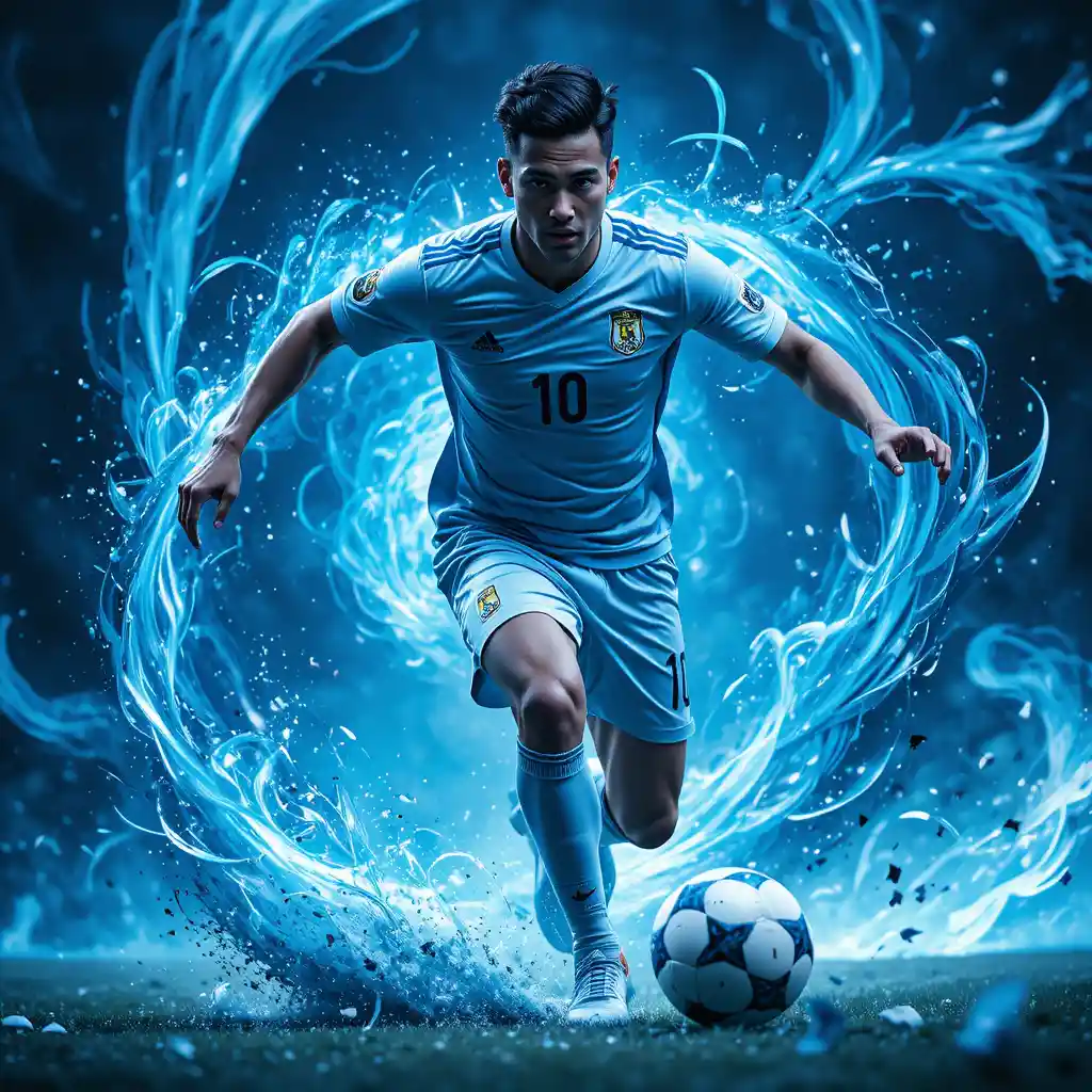 Soccer player dribbling through swirling blue energy