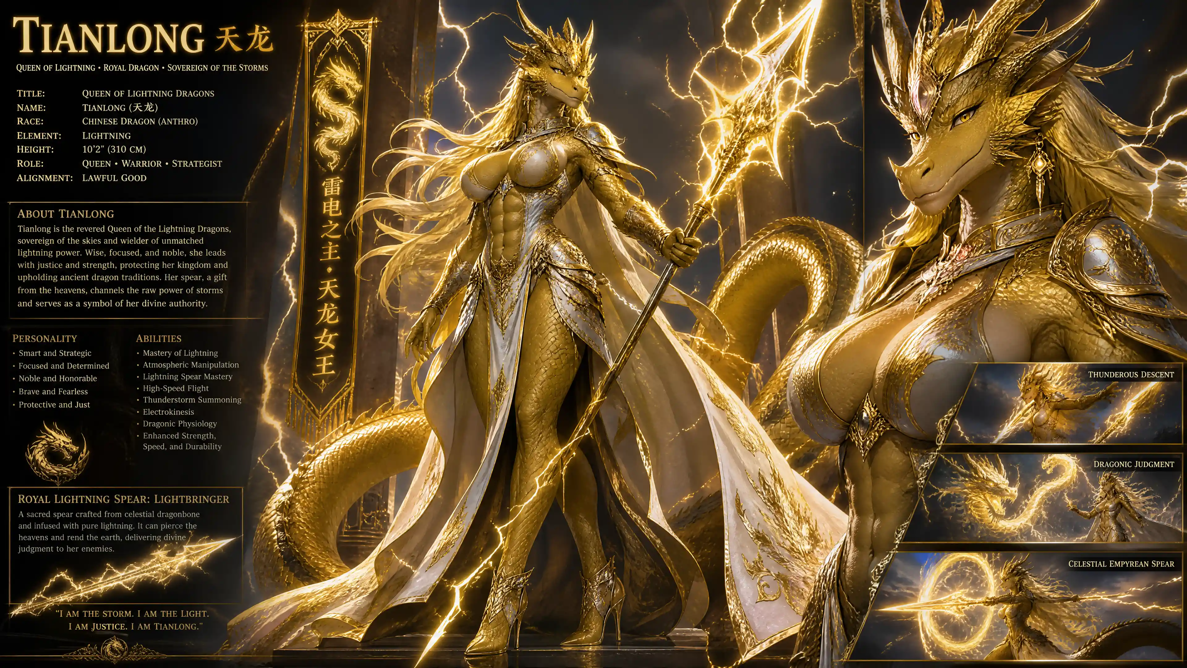 Regal dragon queen woman wielding a lightning spear