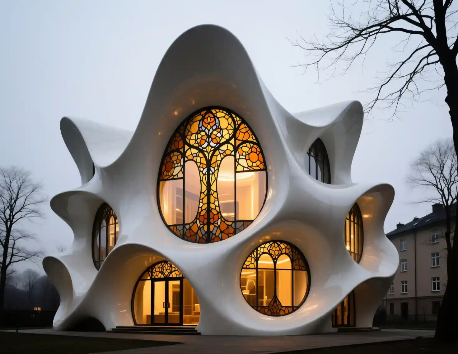 Surreal white building with flowing curves and glowing stained glass