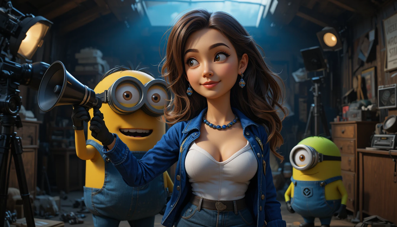 Close up of minions on a dark film studio set
