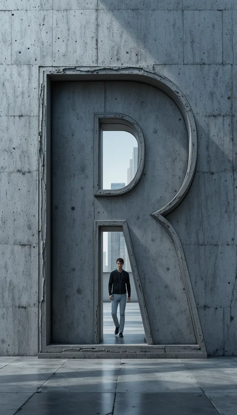 3D typography portal cut into a smooth concrete wall