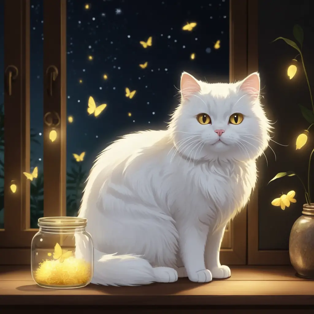 Fluffy White Cat Beside Glowing Firefly Jar At Night