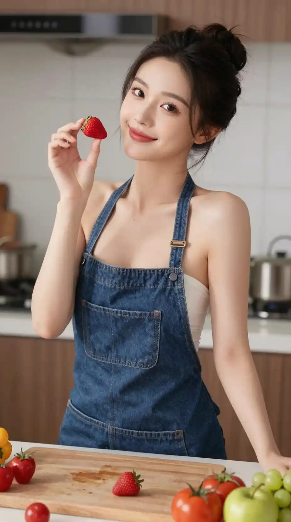 Chinese woman in denim apron offering strawberry in kitchen