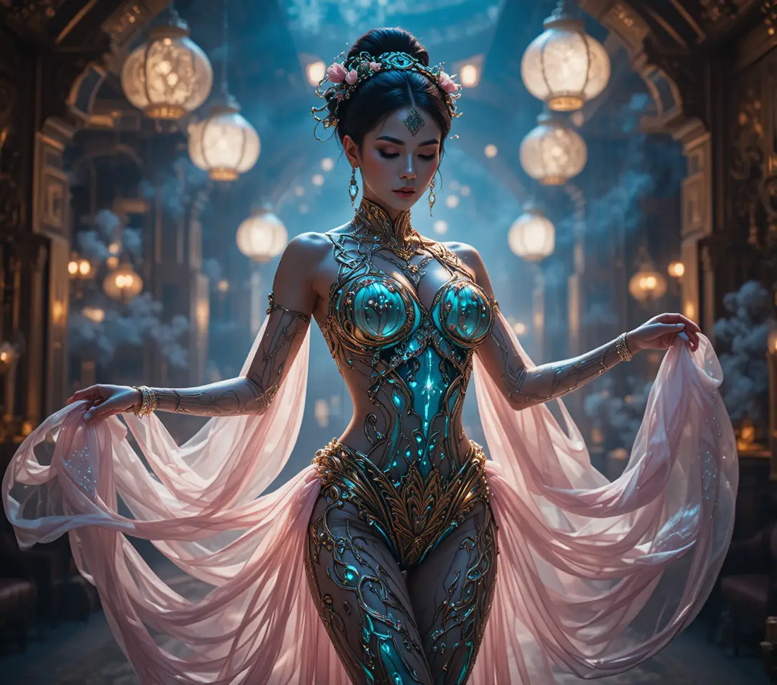 Danzatrice del ventre ginoide futuristica in lounge illuminato al neon