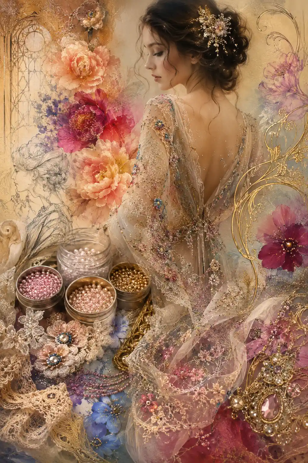 Elegant embroidery atelier moodboard with beaded lace dress