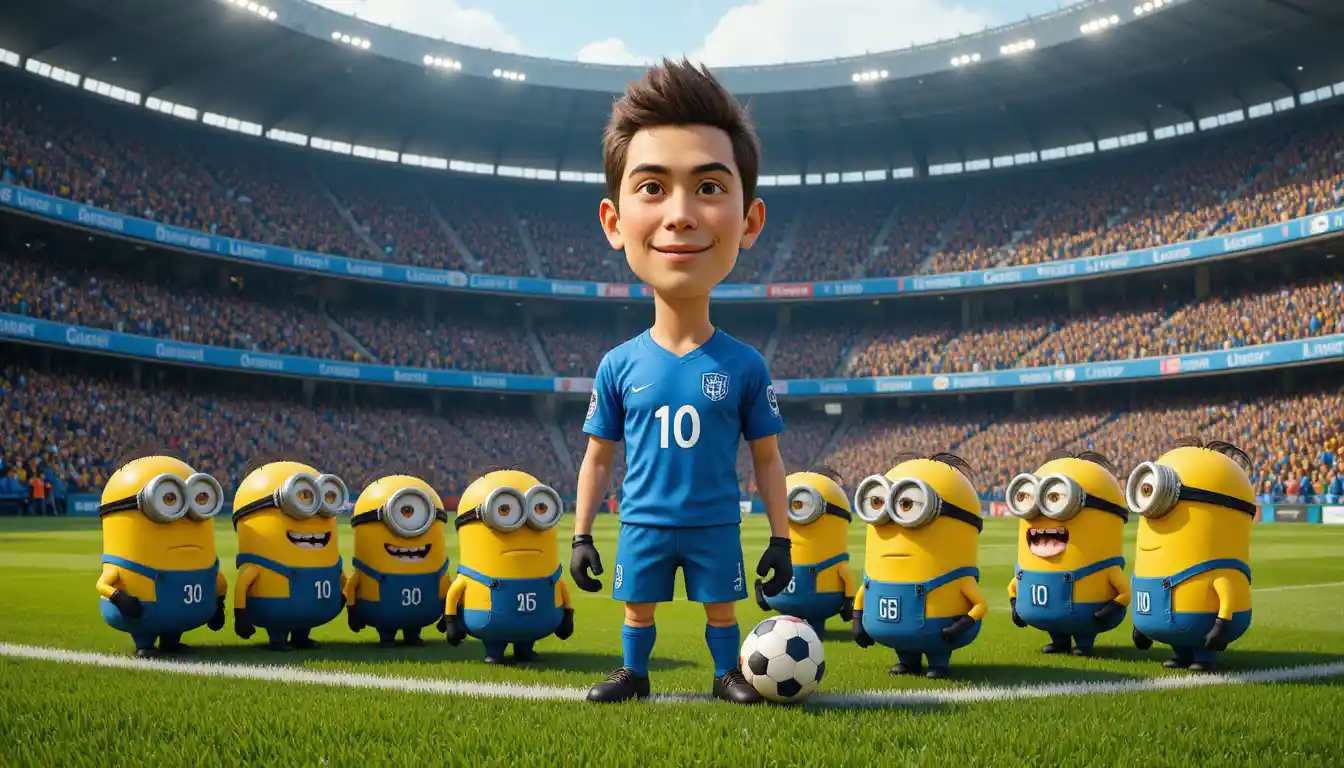 Soccer star number ten surrounded by playful minions on field