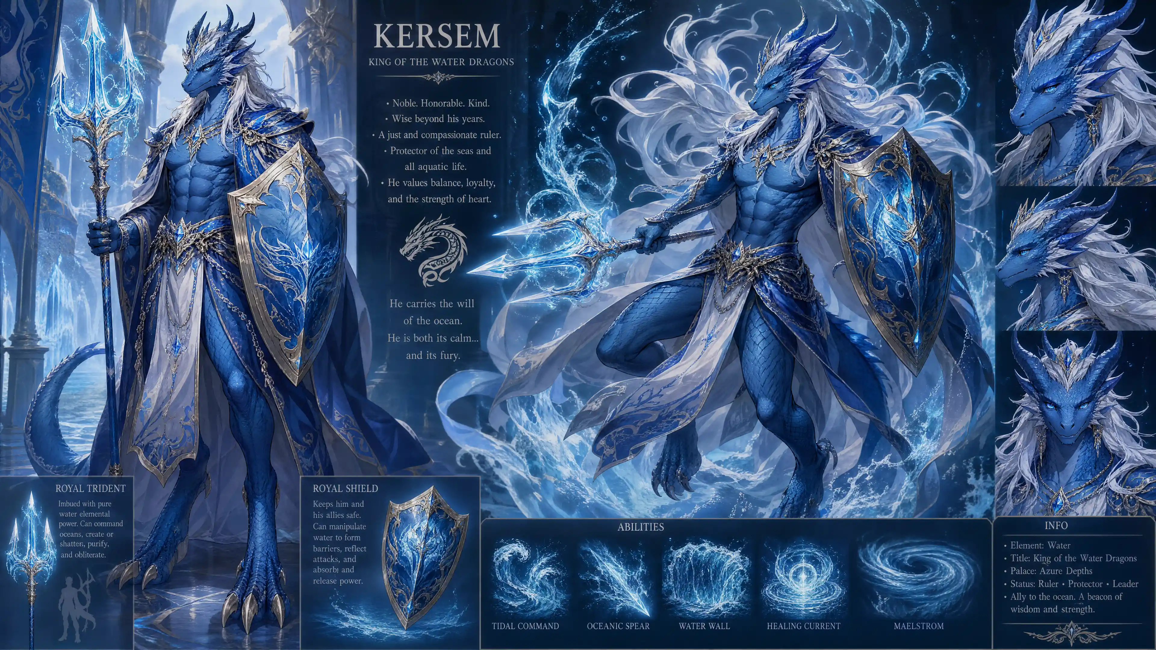 Regal blue dragon king with trident and shield
