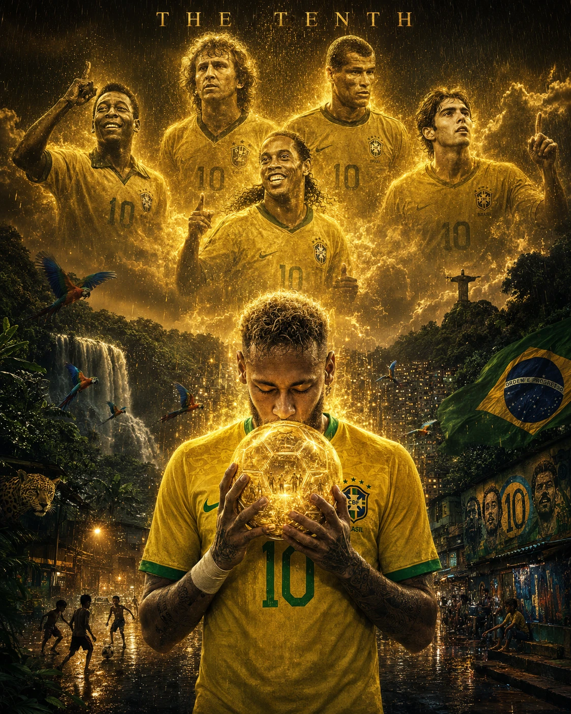 Soccer legend kissing glowing ball in rainy stadium night