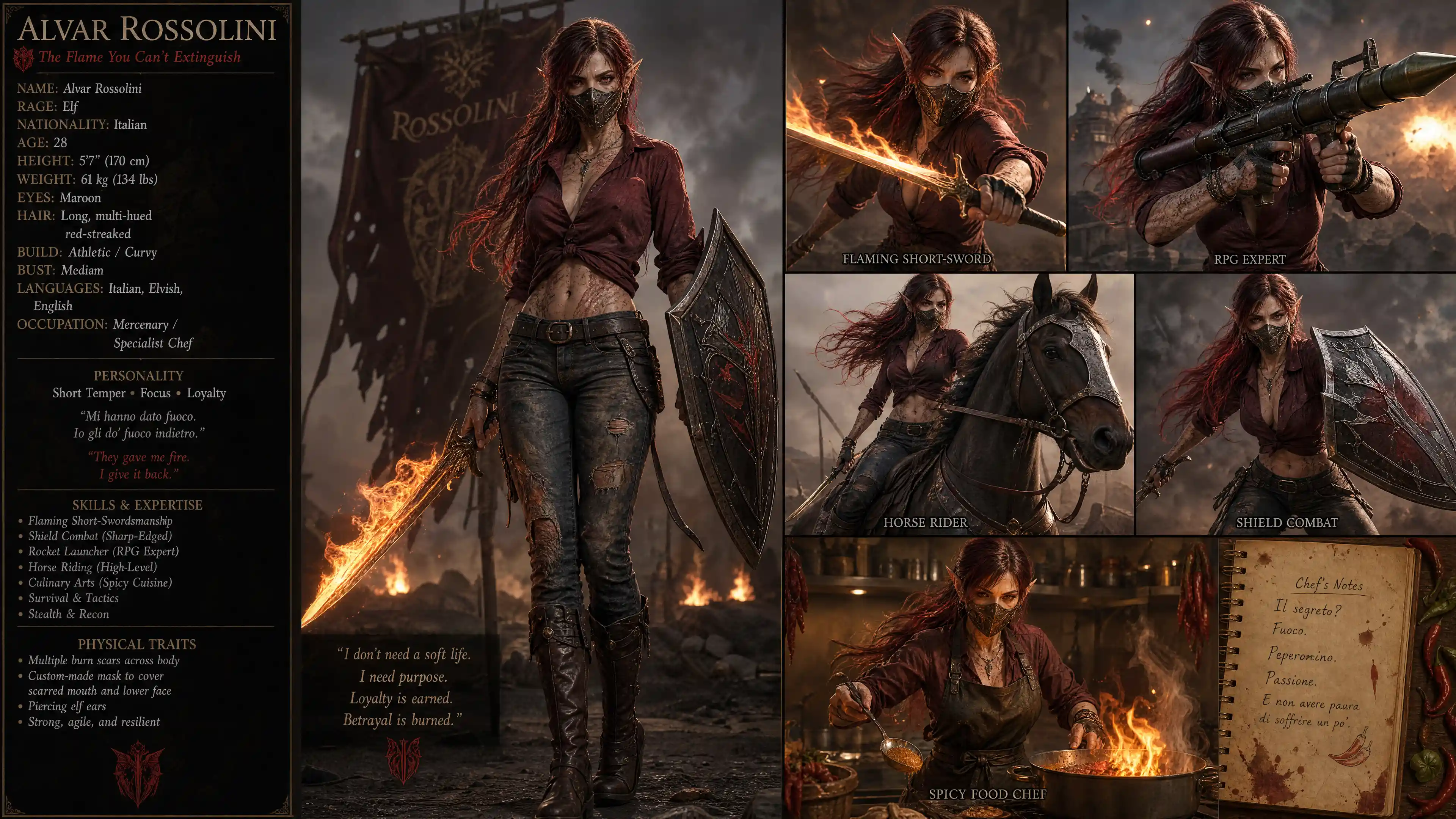Scarred Italian elf warrior woman with flaming short sword