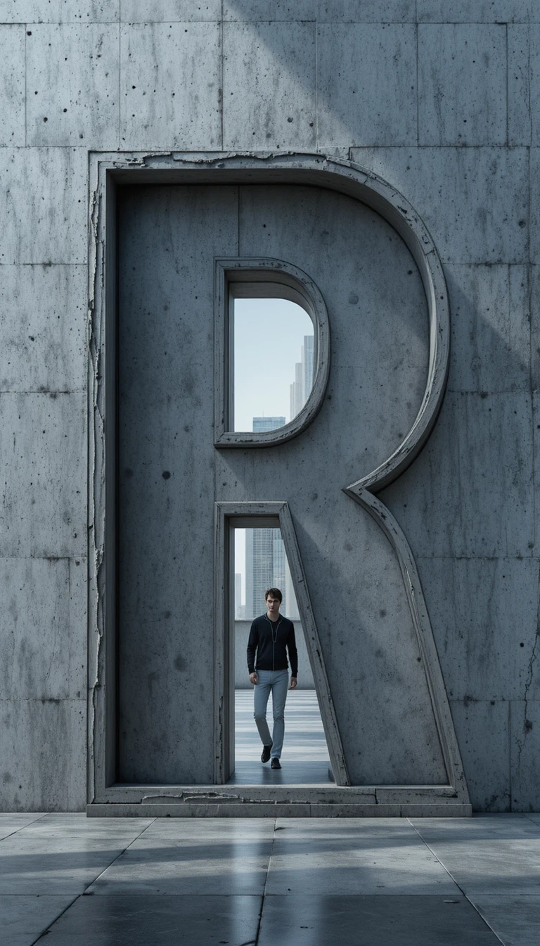 3D typography portal cut into a smooth concrete wall