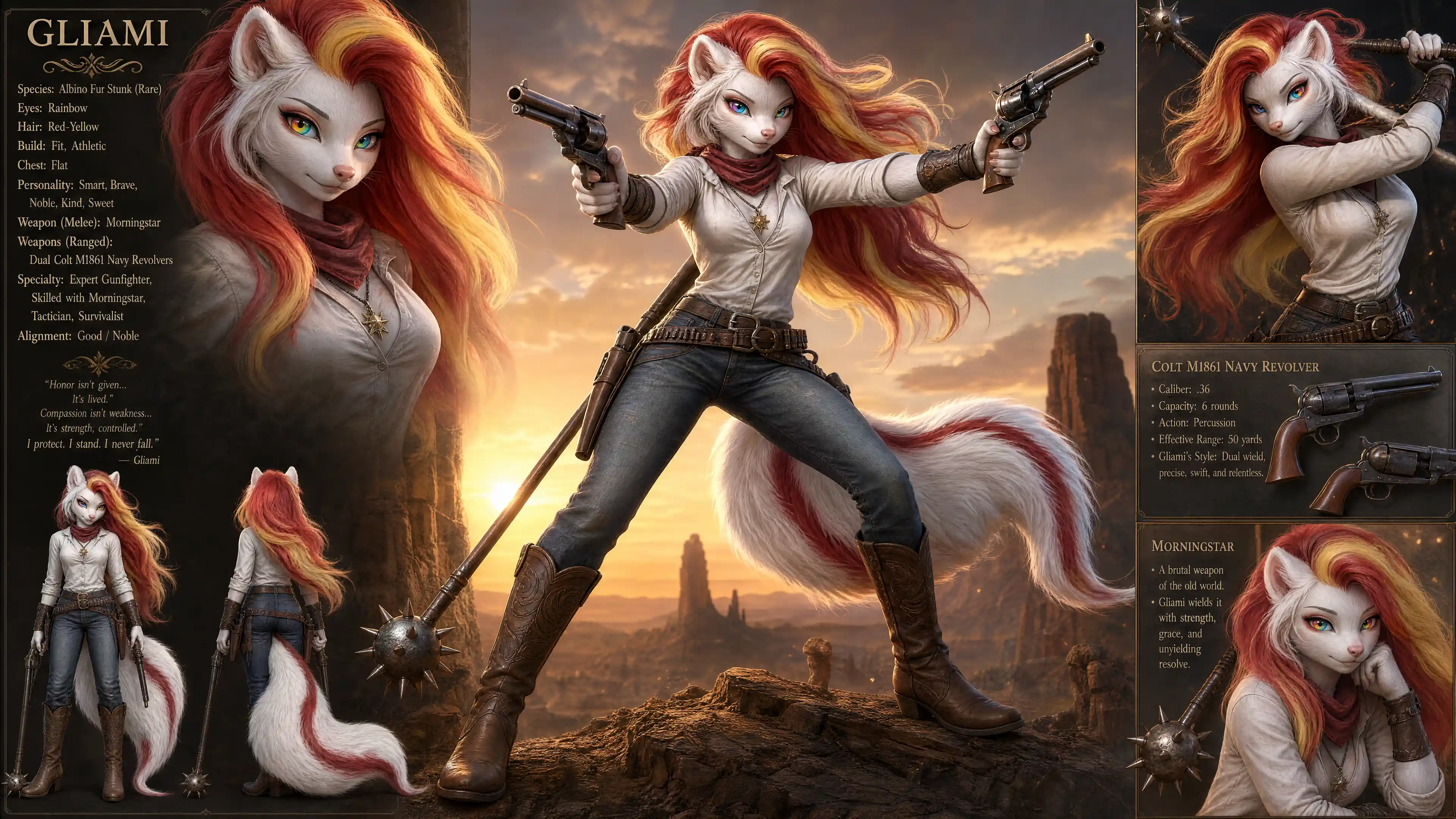 Albino anthro woman with rainbow eyes in casual clothes