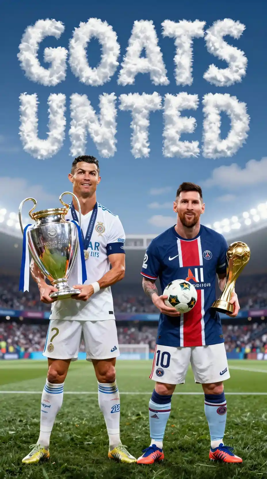Soccer legends standing together holding championship trophies