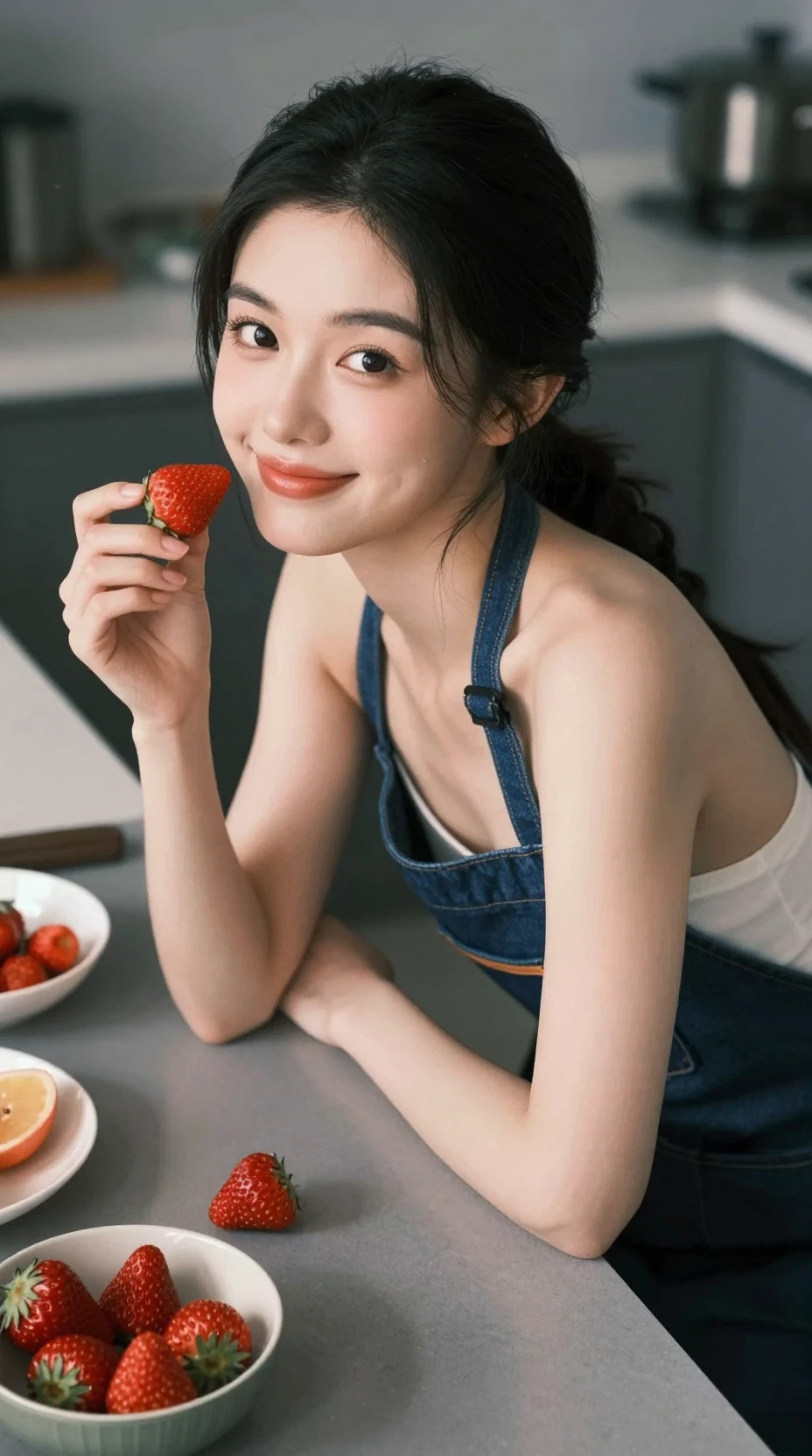 Mujer china con delantal de mezclilla sosteniendo una fresa