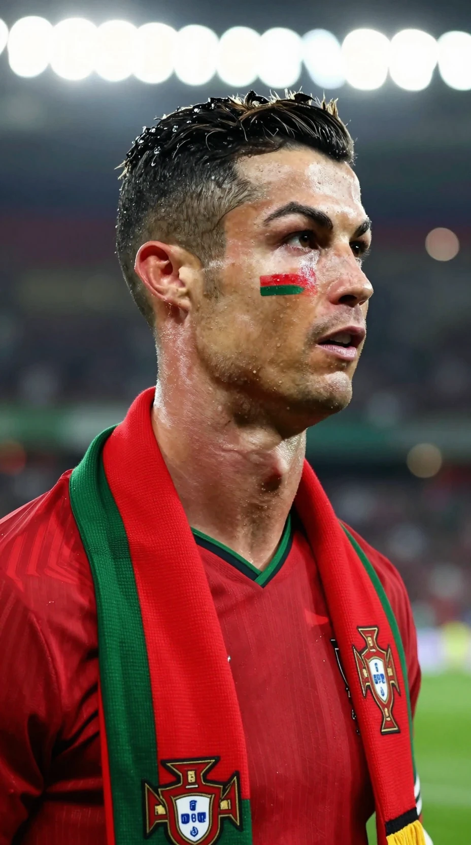 Proud Portugal football fan close up in stadium lights