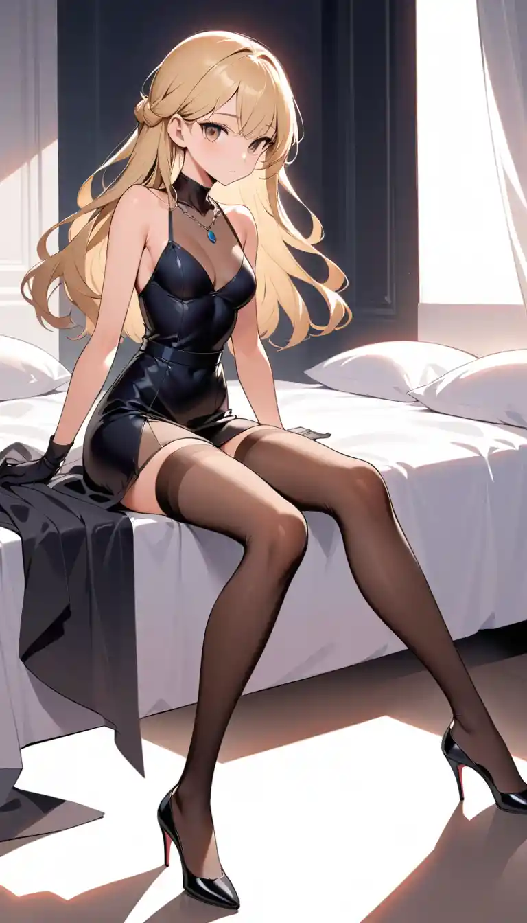 Elegant woman seated on a bed in thigh highs and pumps