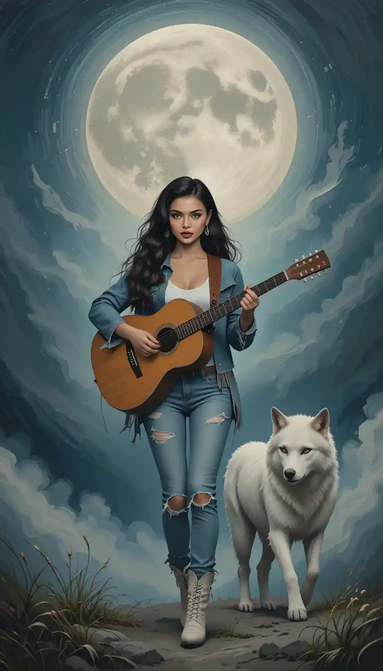Young woman playing guitar beside a white wolf