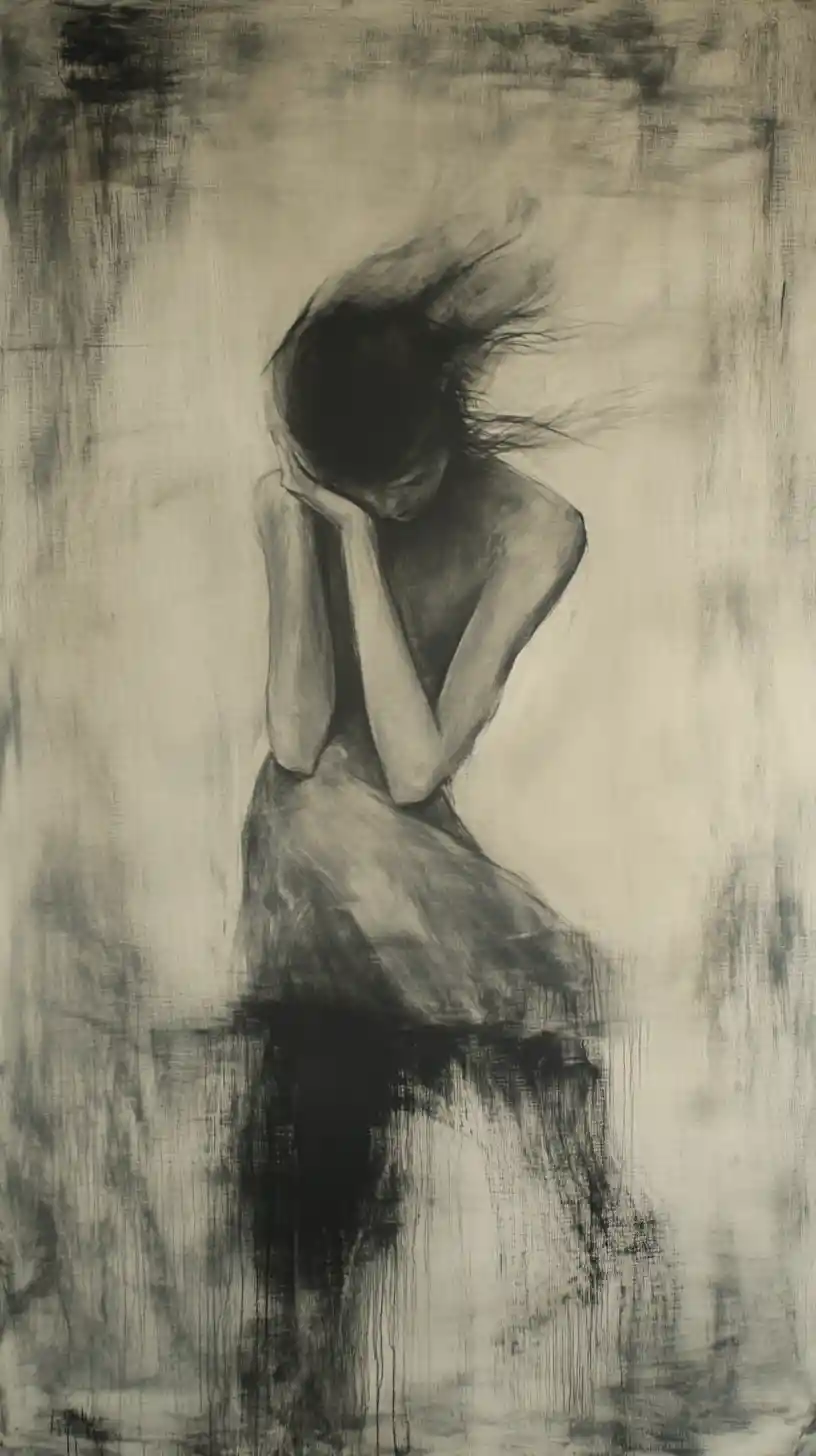 Abstract feminine figure dissolving into soft featherlike textures