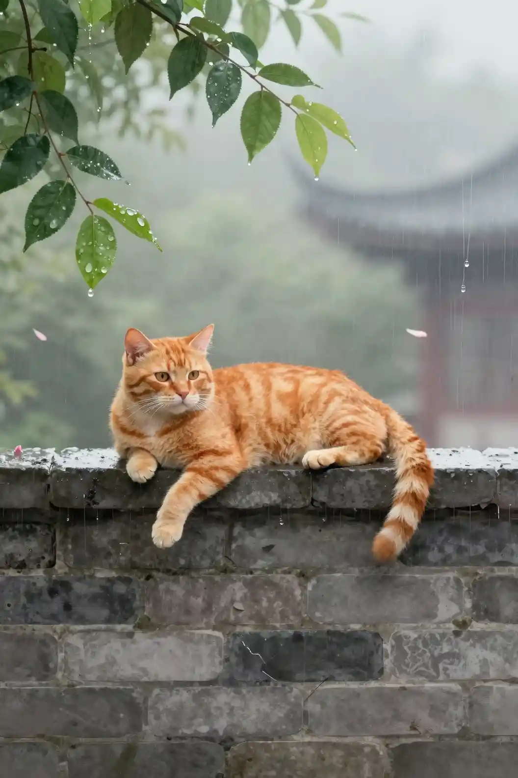 Gatto tigrato arancione che riposa su un muretto da giardino grigio