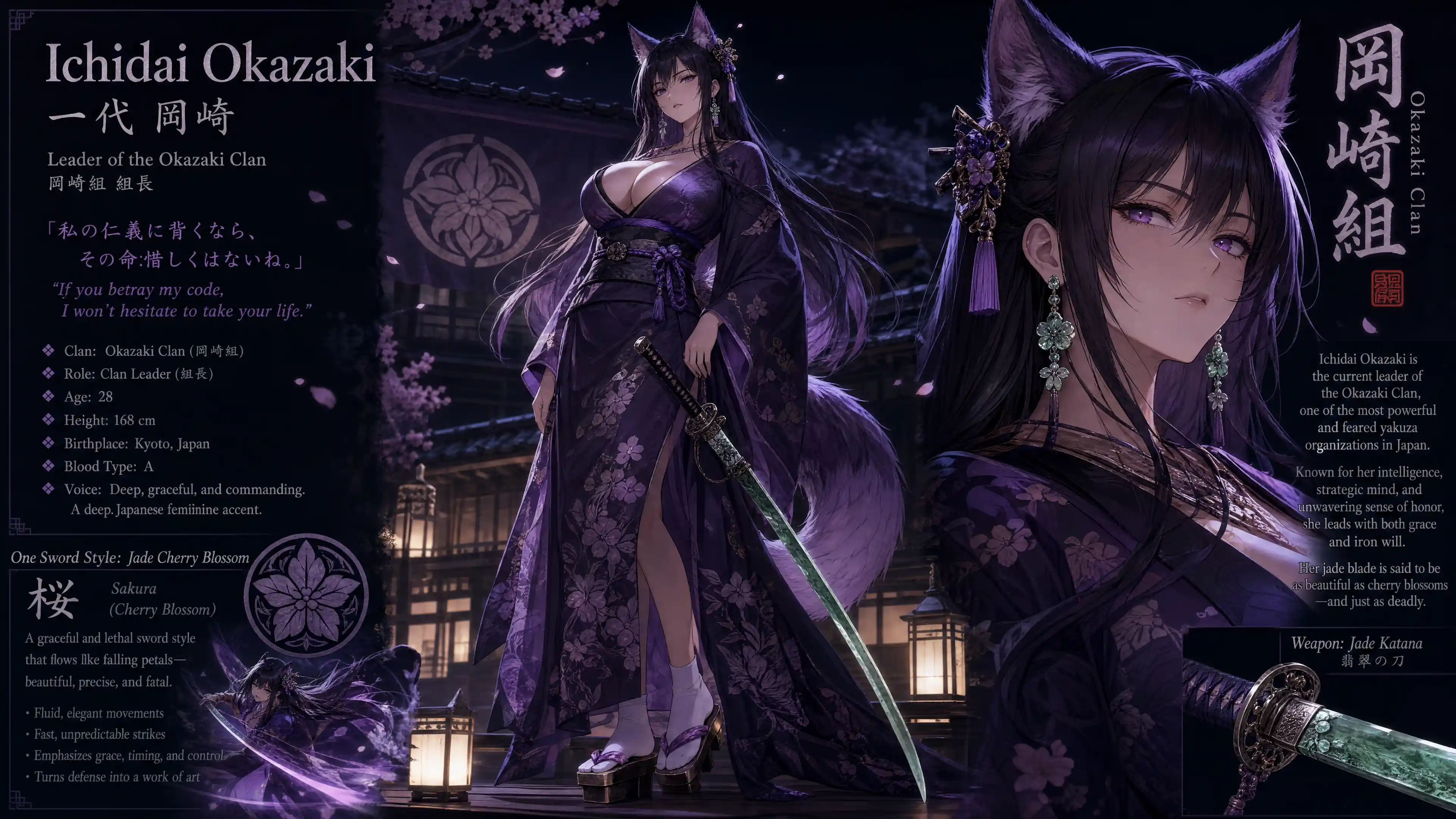 Elegant wolf eared yakuza woman in traditional kimono