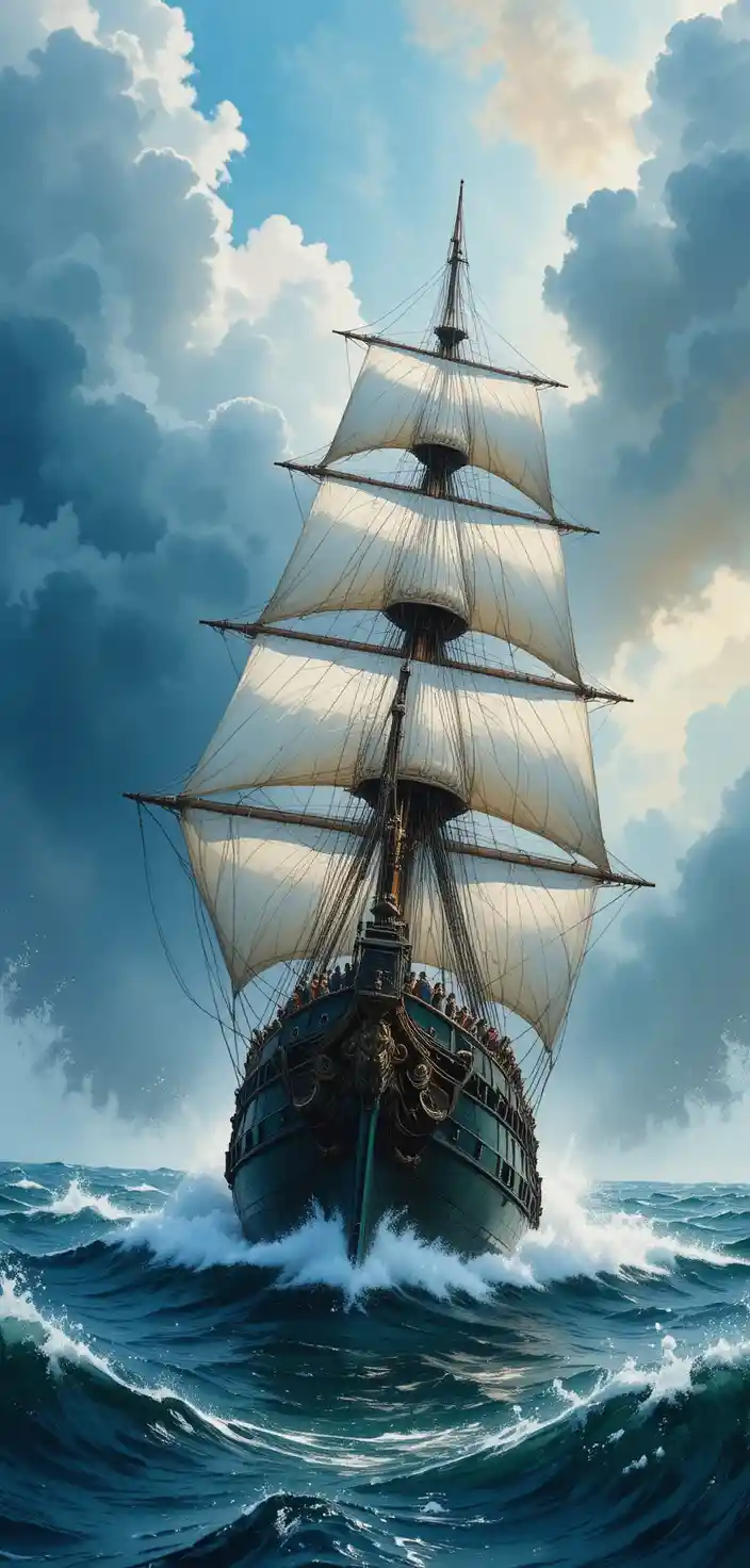 Majestic frigate sailing through stormy ocean waves