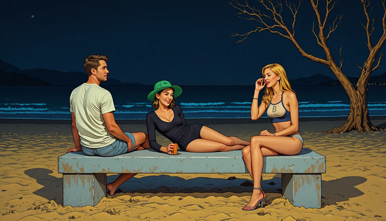 Friends relaxing on a concrete bench at a night beach