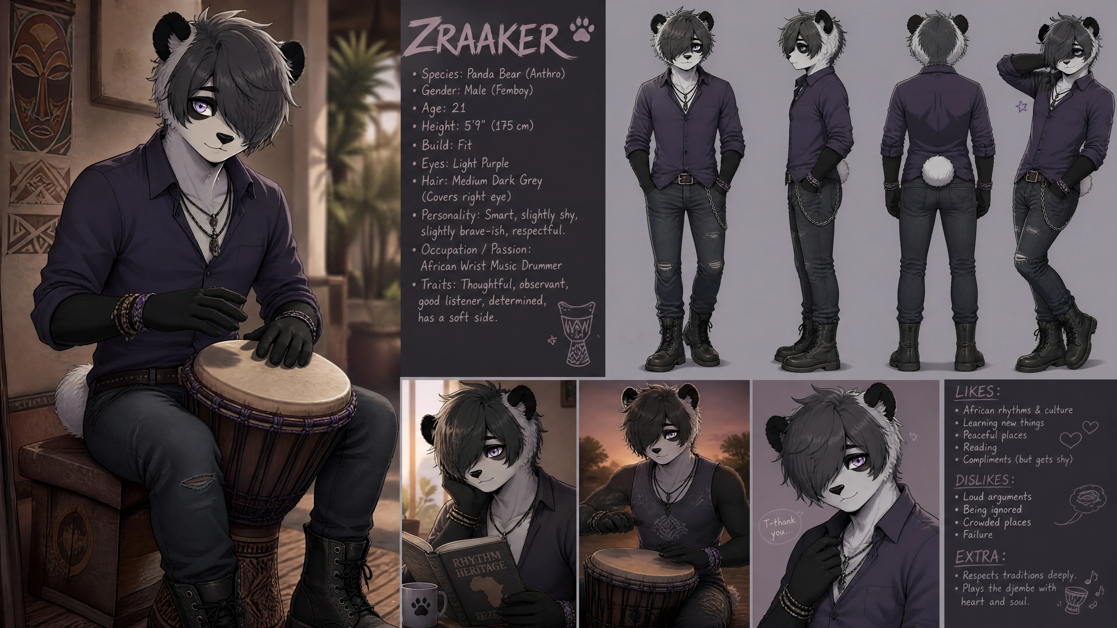 Anthro panda femboy drummer in casual shirt and jeans