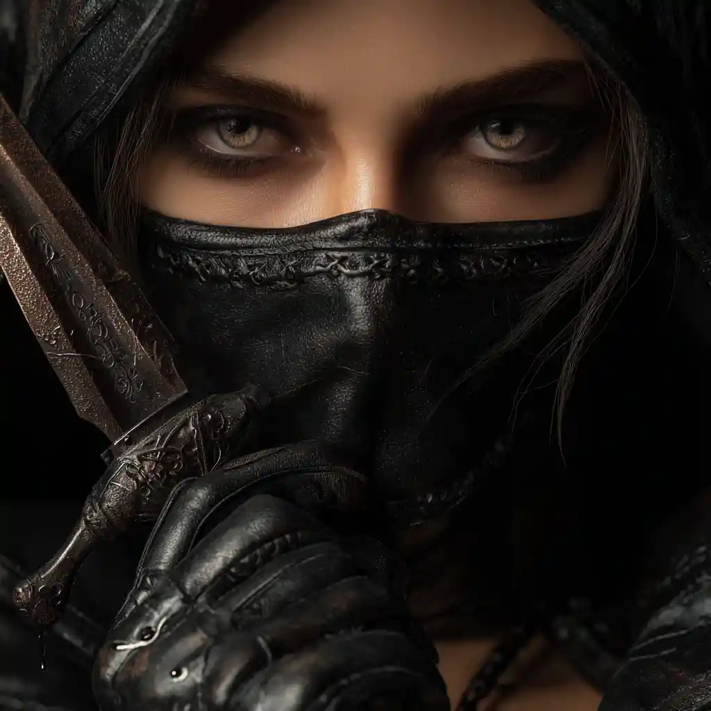 Masked rogue woman with amber eyes and poison dagger