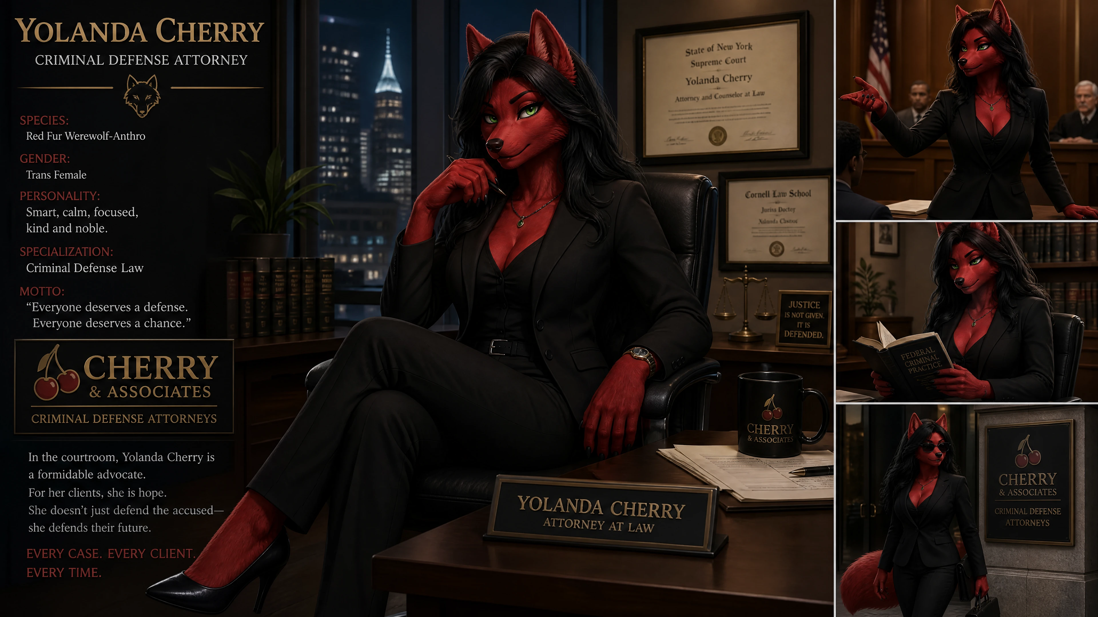 Calm red fur werewolf woman lawyer in black suit