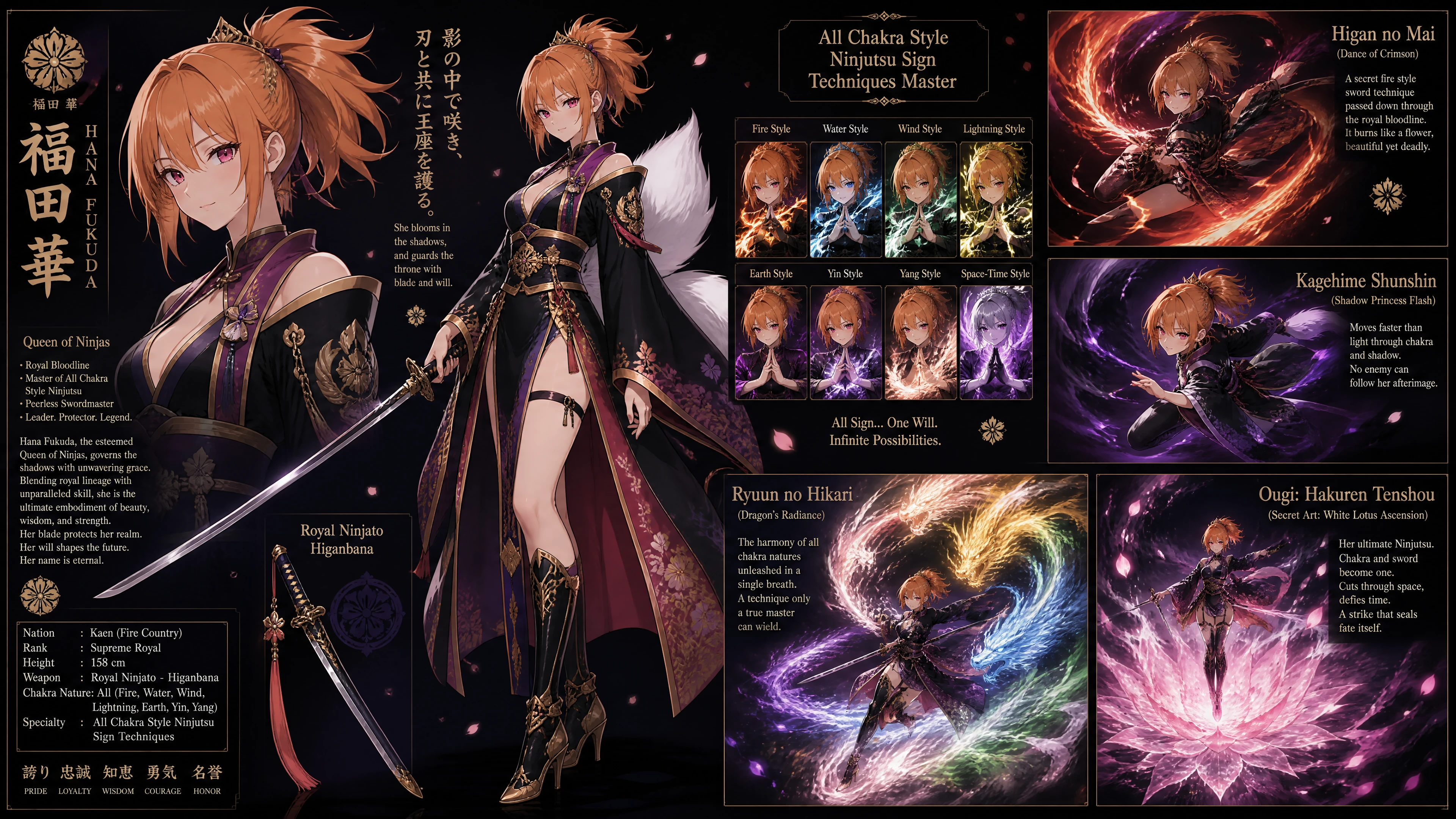 Noble ninja queen with white fox tail and ninjato