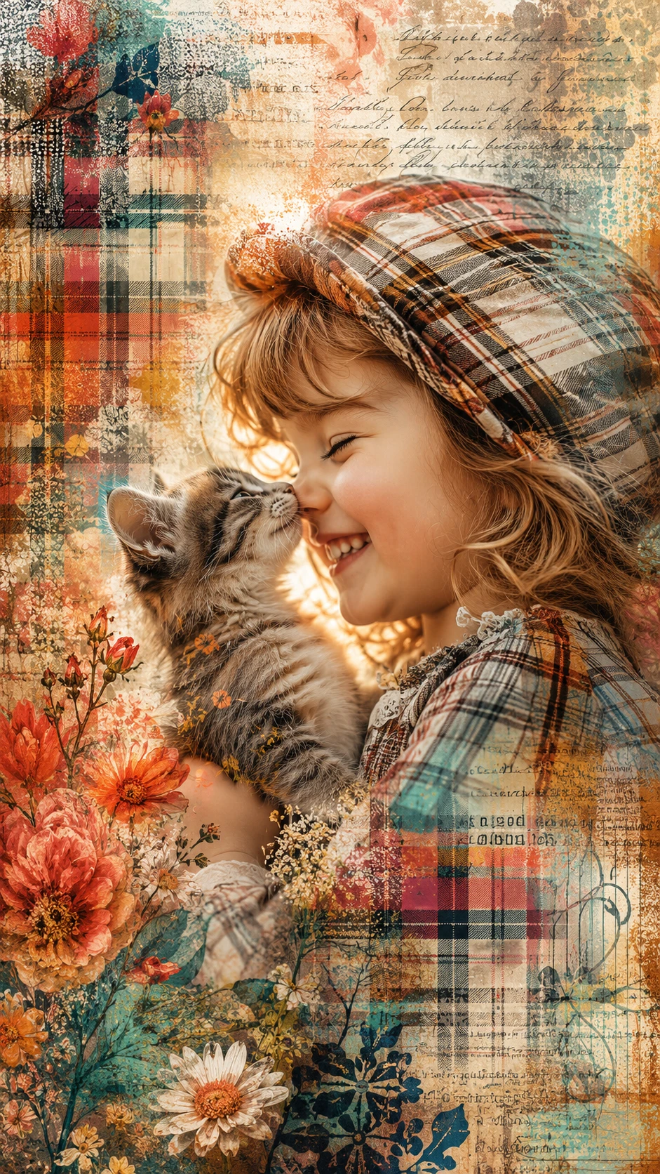 やさしい光の中で小さな子猫と微笑む子ども