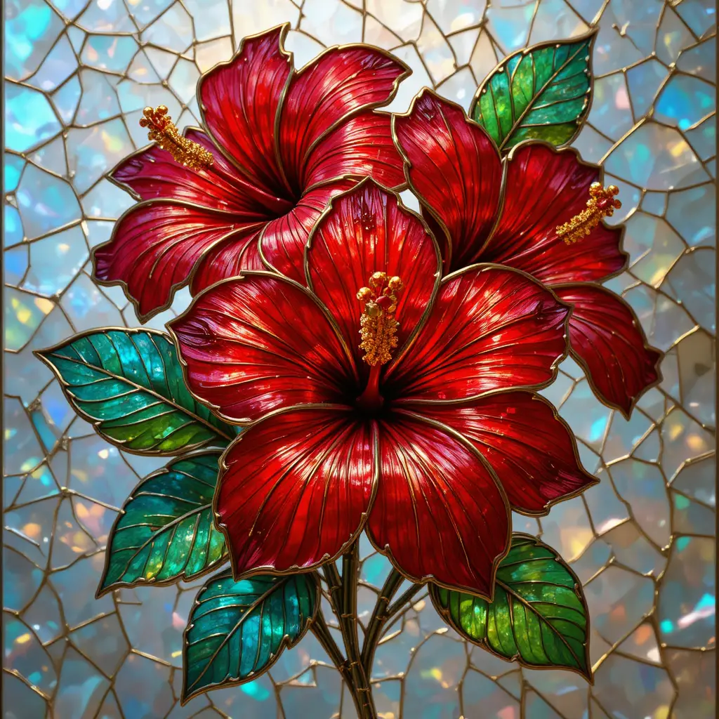 Red hibiscus stained glass flowers on shimmering mosaic background