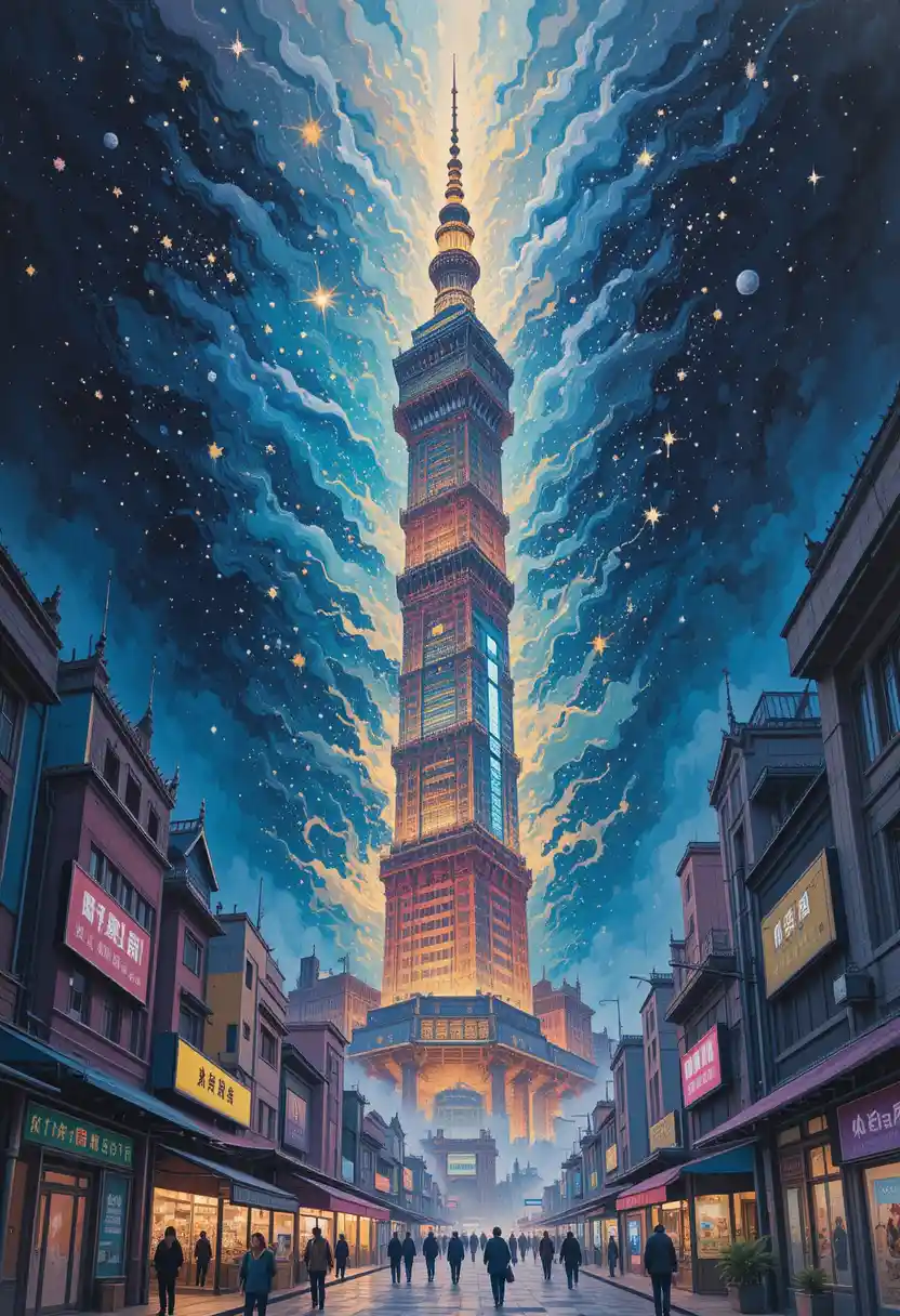 Taipei skyscraper rising into a pastel cosmic night sky