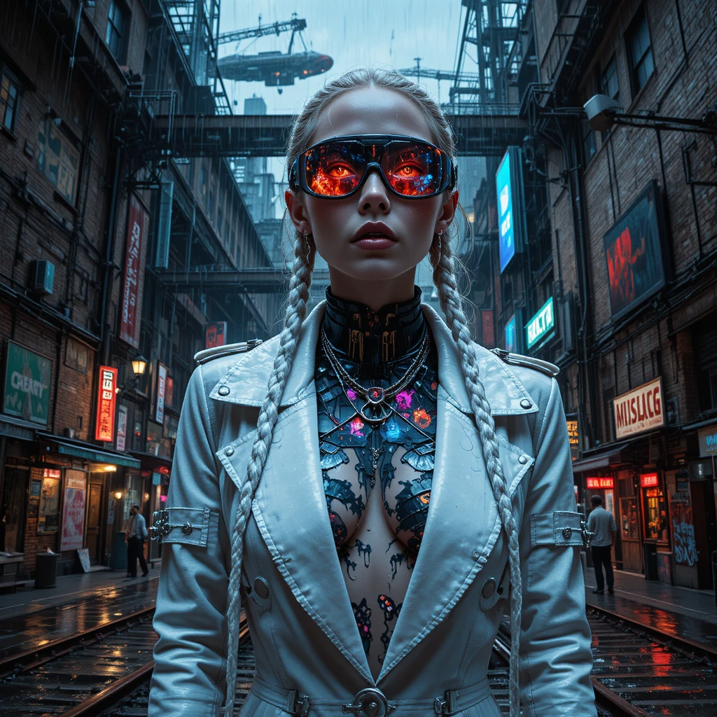 Cyber femme fatale on dystopian brick wall poster