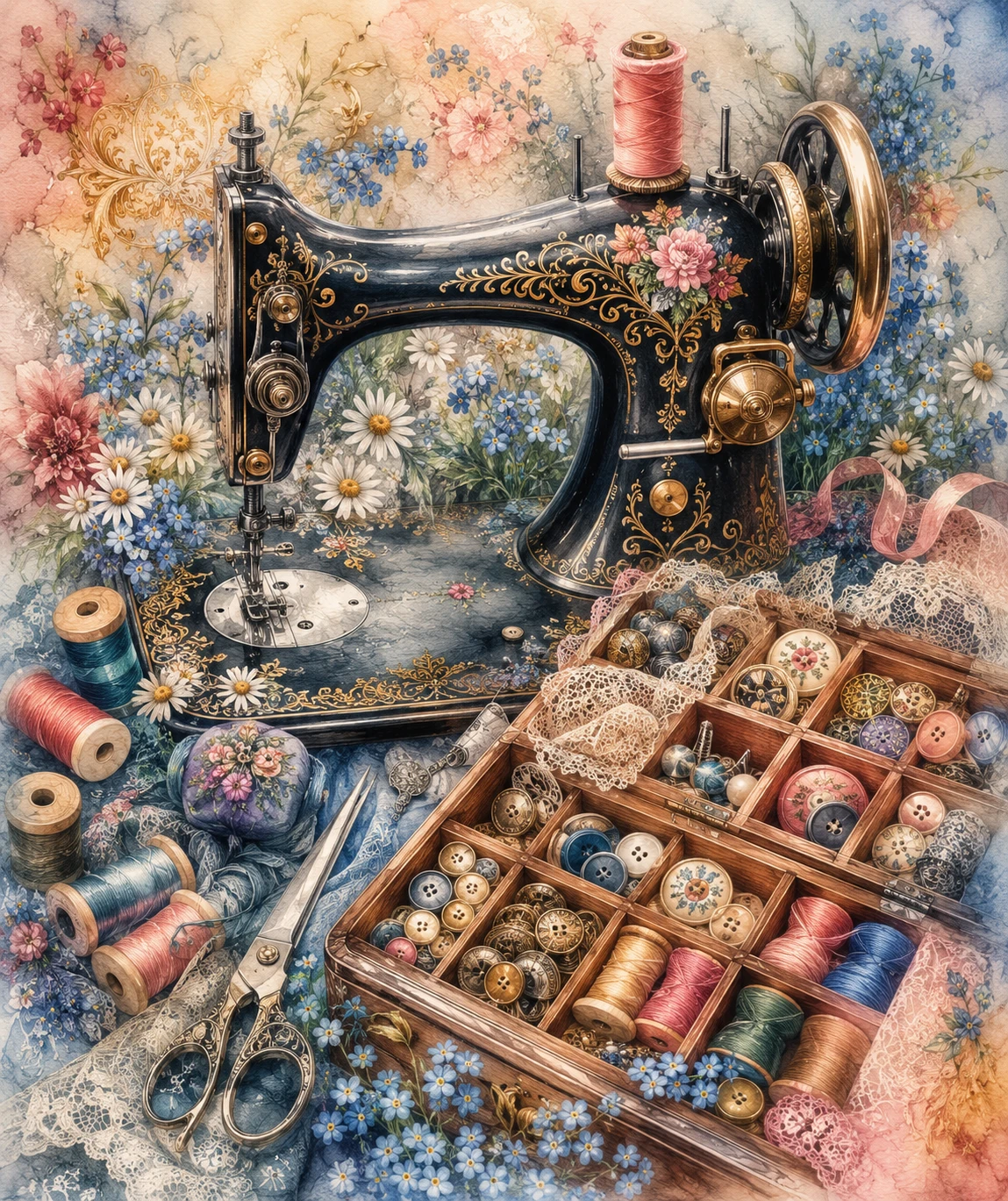 ヴィンテージミシンのノスタルジックなクローズアップイラスト