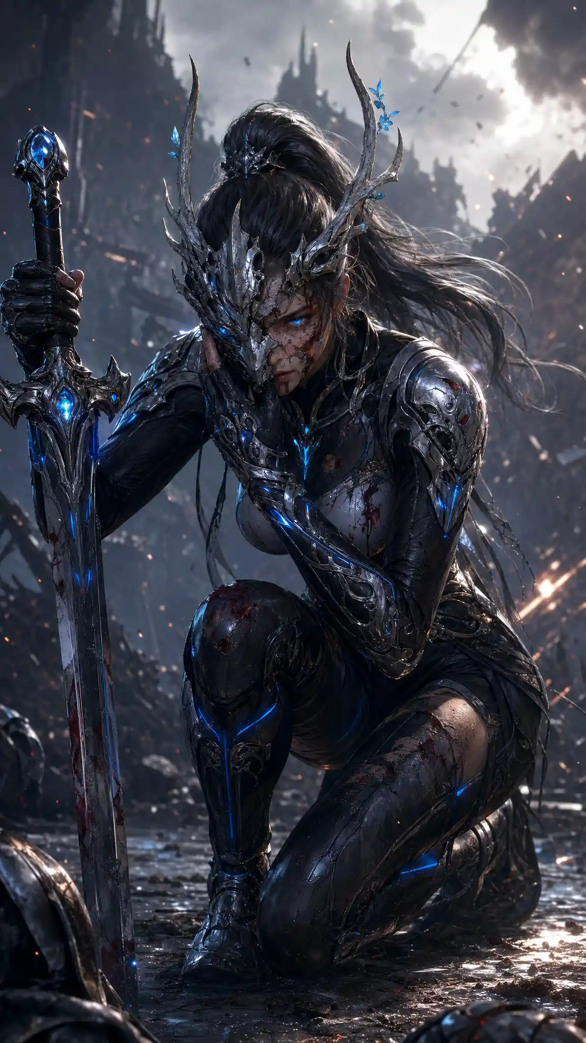 Futuristic antler crowned warrior woman in shattered dragon mask