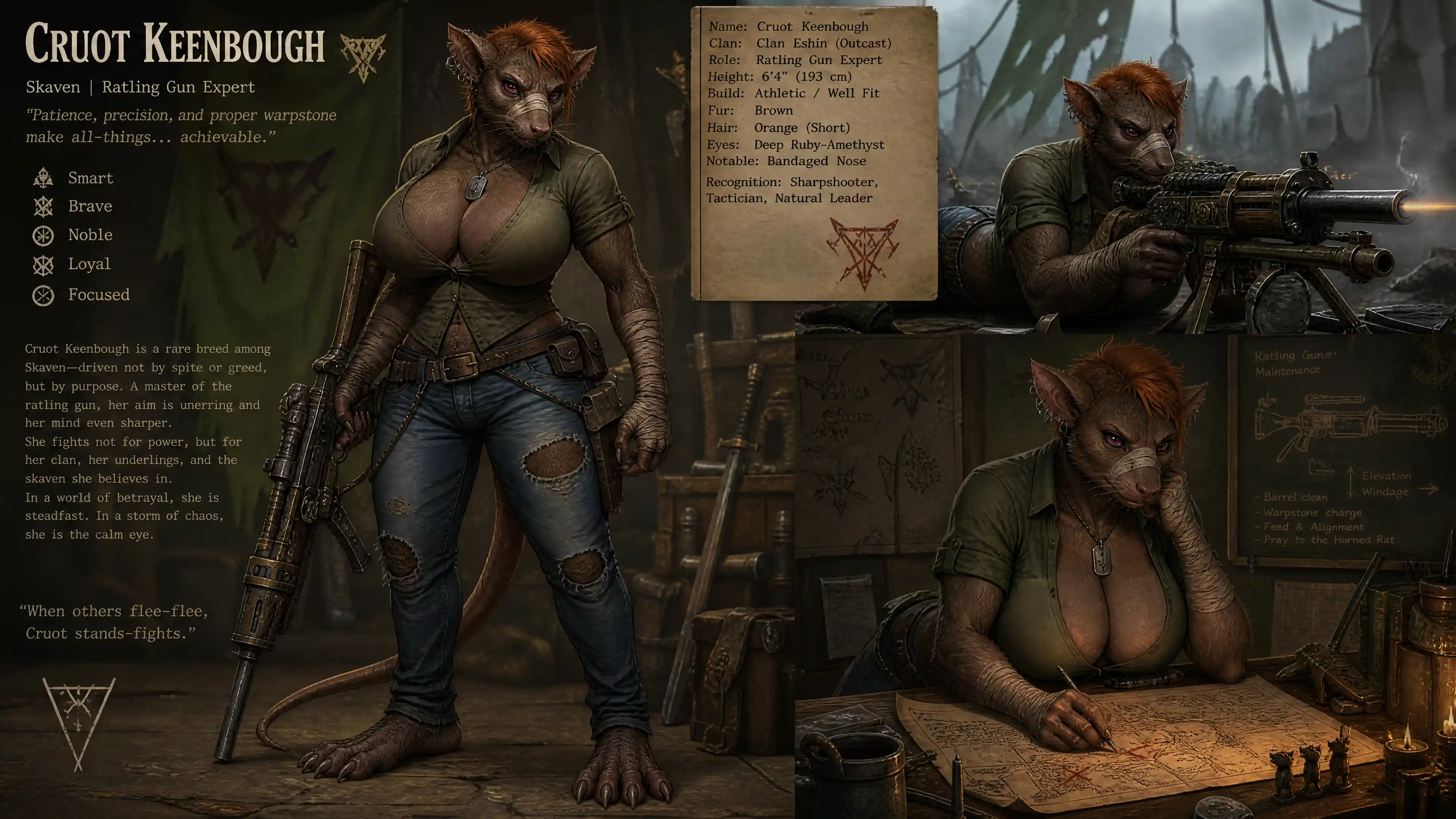 Tall brown fur fantasy woman with bandaged nose