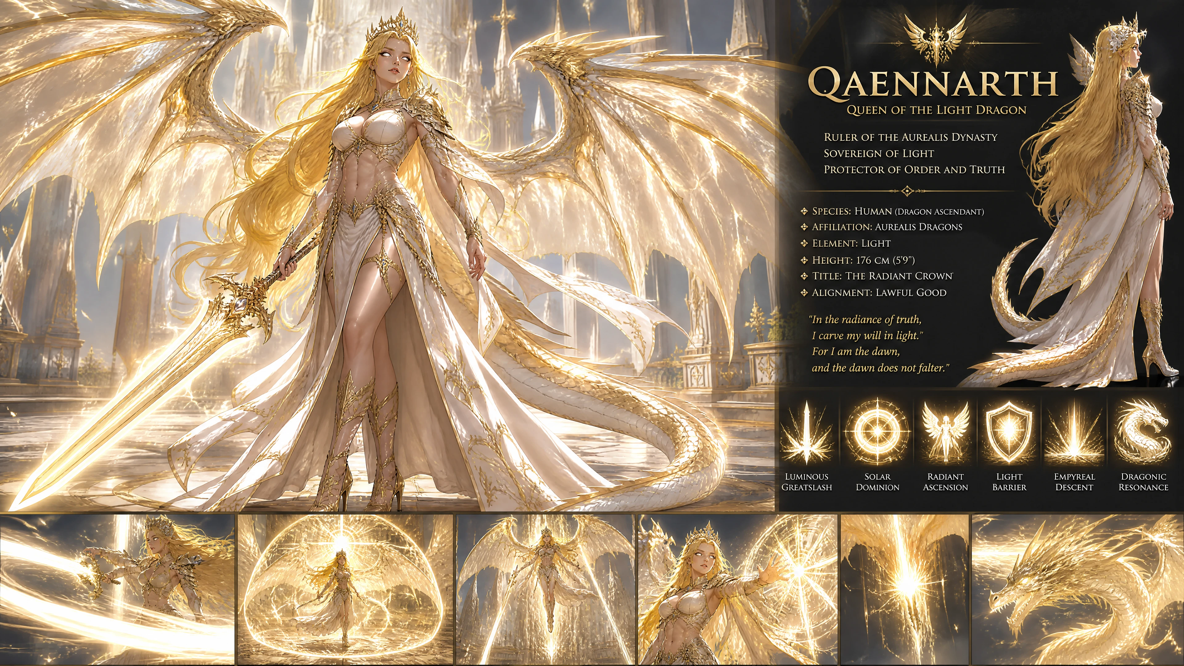 Light dragon queen with glowing wings and greatsword
