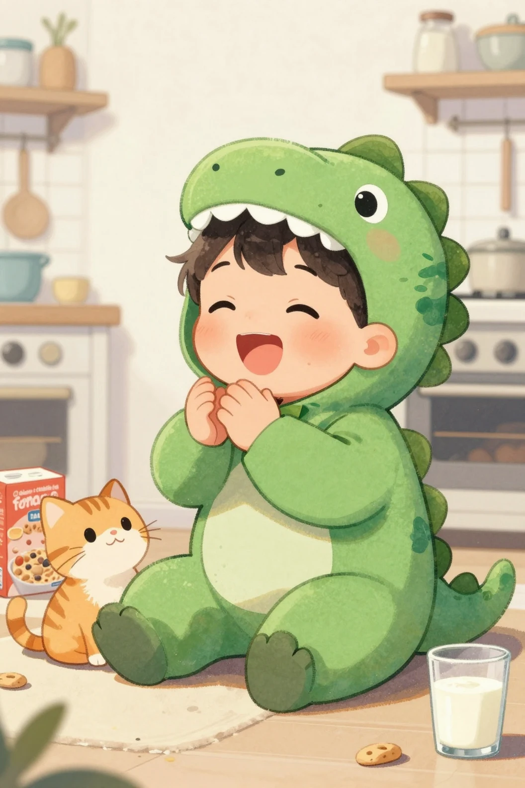 Toddler In Green Dinosaur Suit Laughing On Kitchen Floor