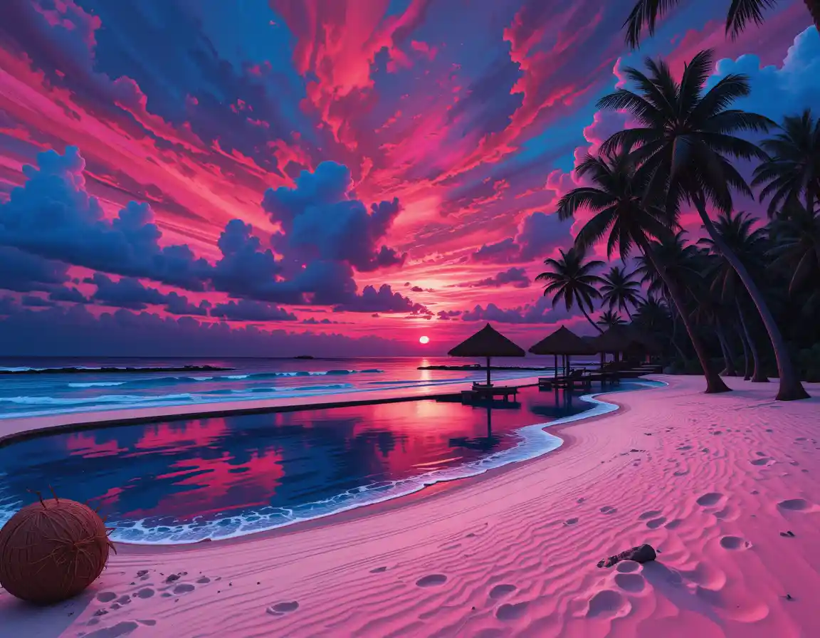 Gouache sunset over a tropical Maldives tidal shoreline