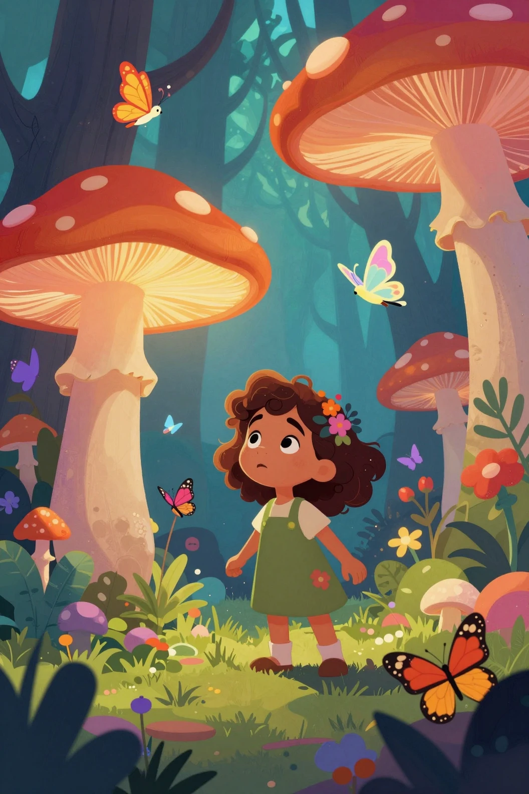 Curious girl exploring an enchanted forest of glowing mushrooms