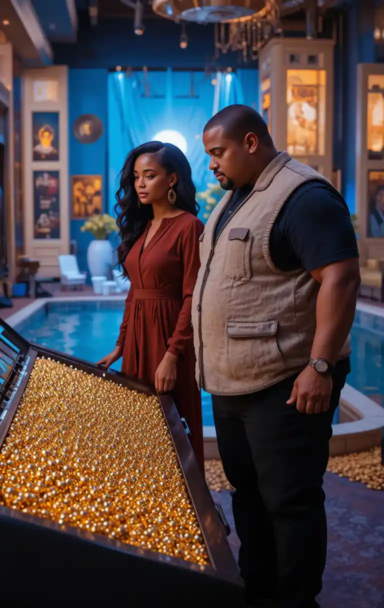 Man and woman examining gold bars on a game show set