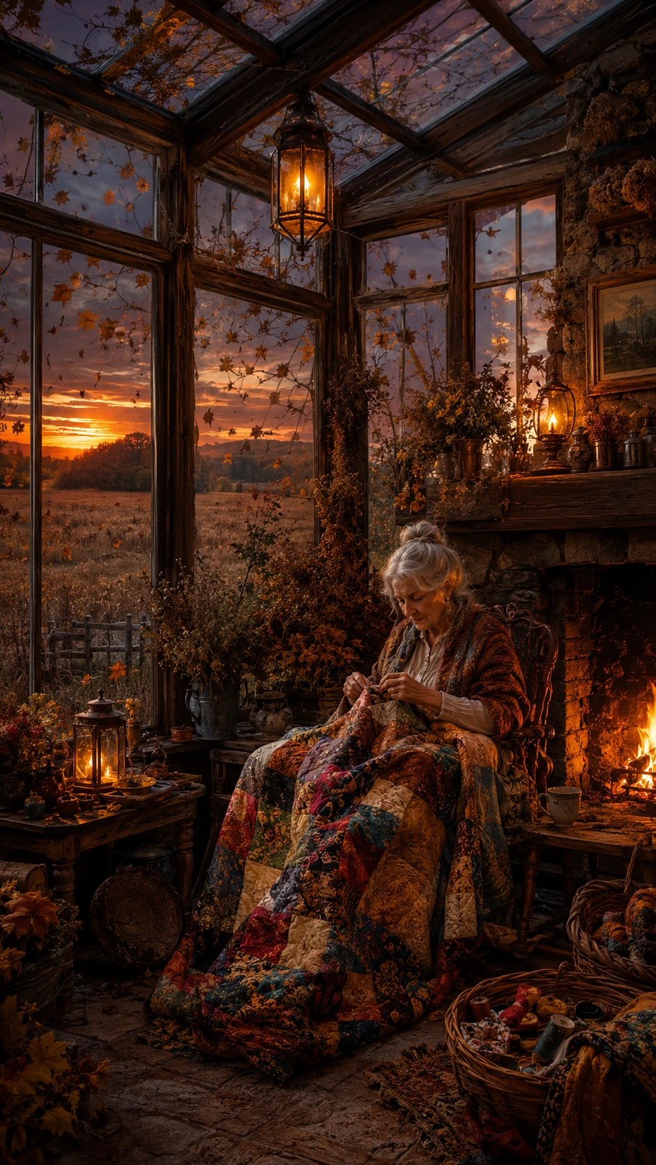 Elderly Woman Sewing By Fireplace In Rustic Conservatory