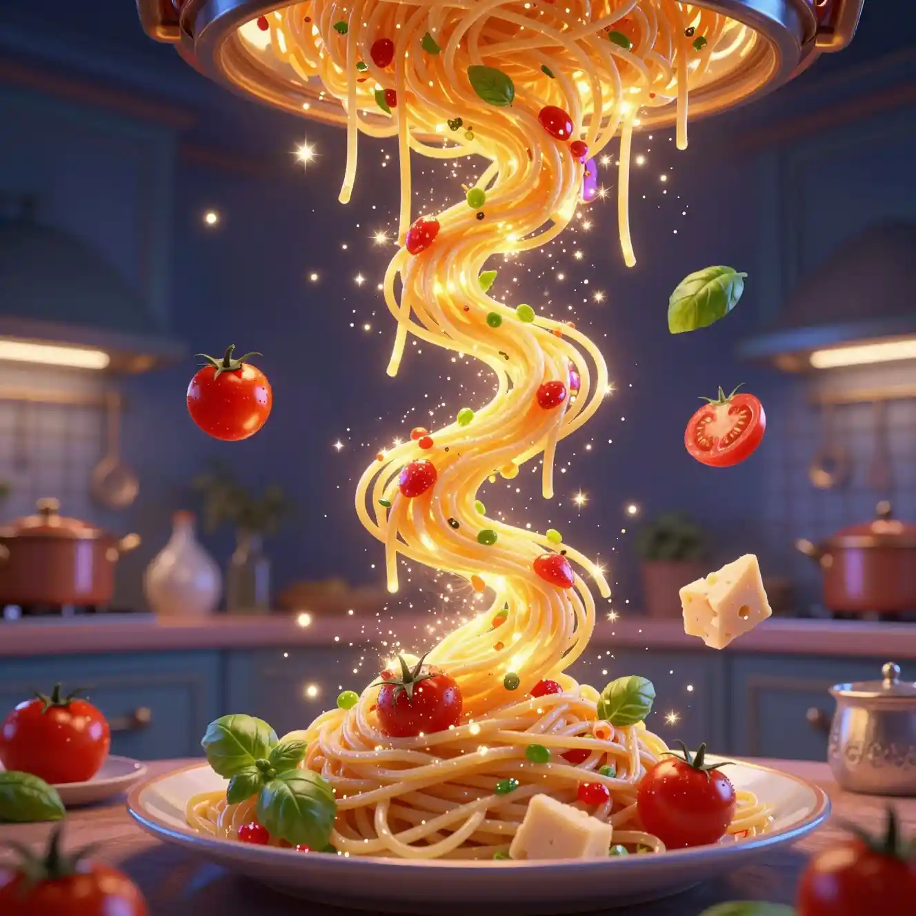 Magical spaghetti swirling through a glowing fantasy kitchen