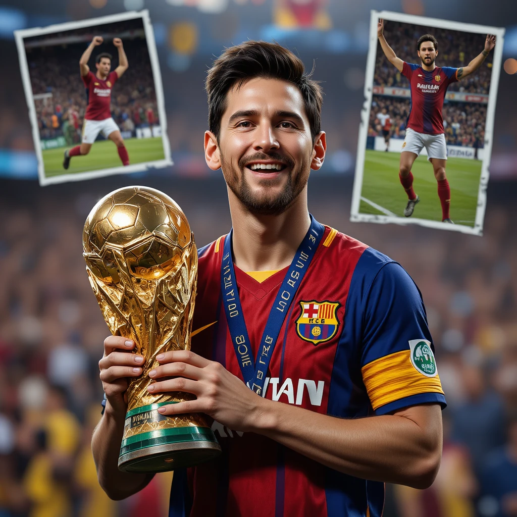 Soccer champion Lionel Messi holding the World Cup trophy
