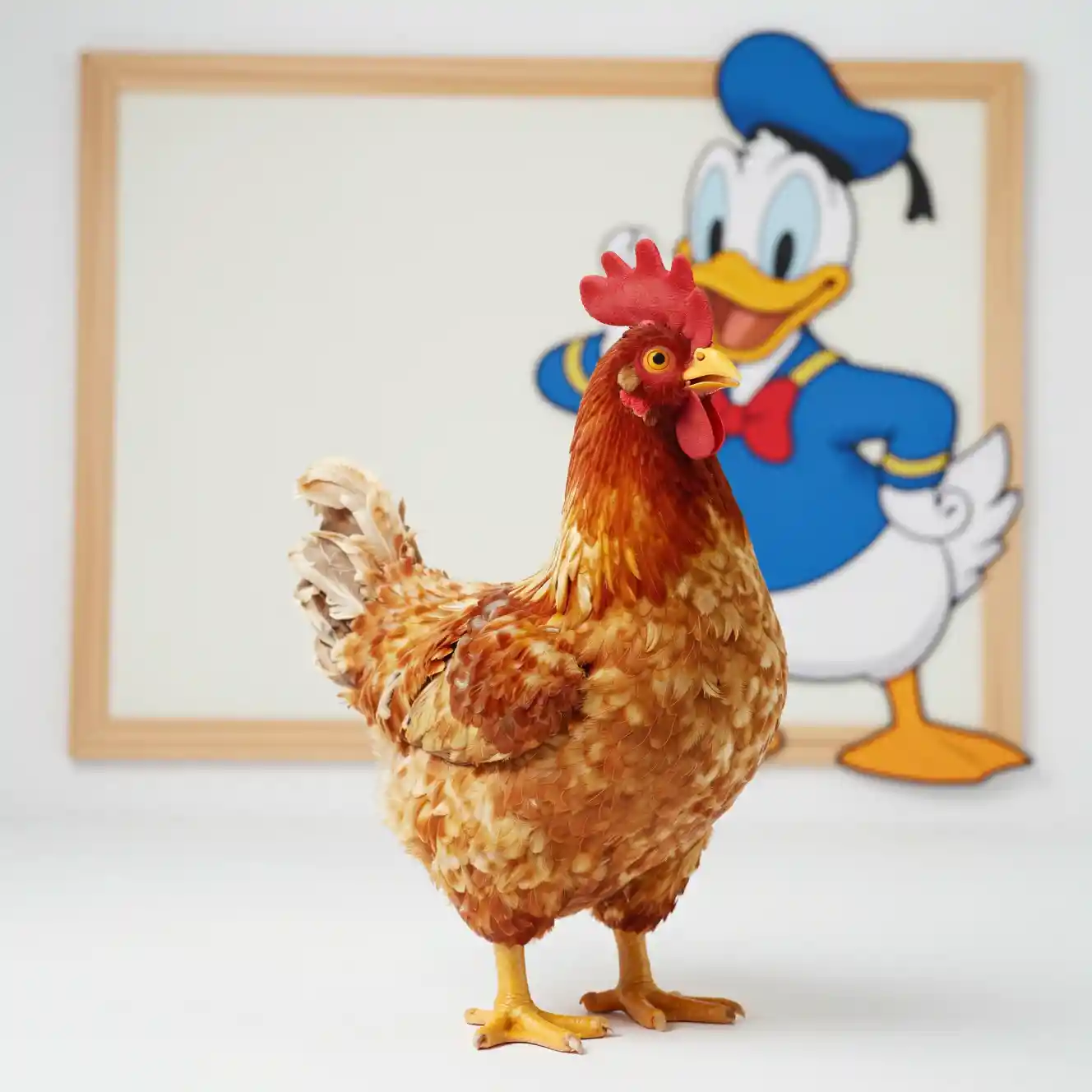 Man doing a playful chicken dance in a cartoon scene